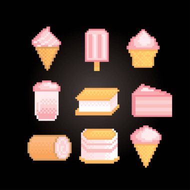 Tatlılar ve tatlılar Çilek lezzet simge seti ile. Vektör piksel sanat 80s stil illüstrasyon izole. 8-bit sprite. Tasarım etiket, logo, app.