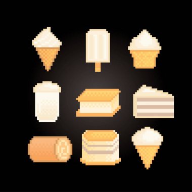 Tatlılar ve tatlılar vanilya aroması simge seti ile. Vektör piksel sanat 80s stil illüstrasyon izole. 8-bit sprite. Tasarım etiket, logo, app.