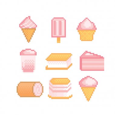 Tatlılar ve tatlılar Çilek lezzet simge seti ile. Vektör piksel sanat 80s stil illüstrasyon izole. 8-bit sprite. Tasarım etiket, logo, app.