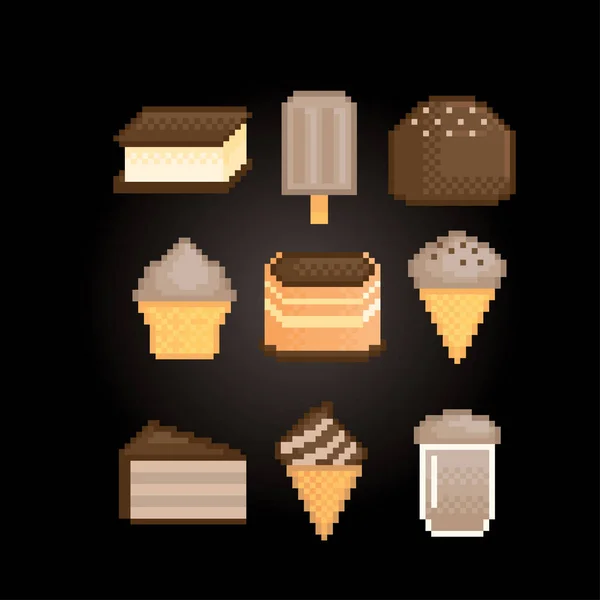Süßigkeiten und Desserts mit Schokoladengeschmack Symbolset. Isolierte Vektorpixelkunst im Stil der 80er Jahre. 8-bit-Sprite. Design Aufkleber, Logo, App. — Stockvektor