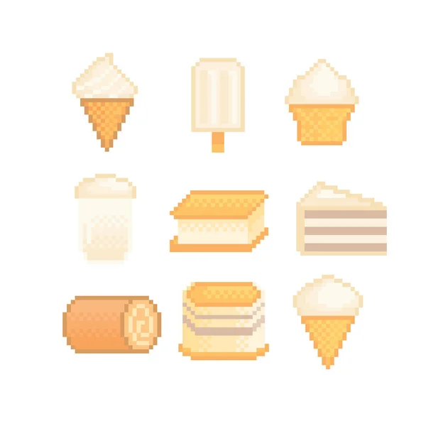 Doces e sobremesas com conjunto de ícones de sabor baunilha. Isolado vetor pixel arte 80 ilustração estilo. Um sprite de 8 bits. Etiqueta de design, logotipo, aplicativo . —  Vetores de Stock