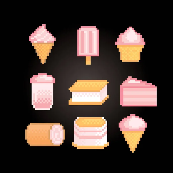 Słodycze i desery z truskawka smak zestaw ikon. Na białym tle wektorowego styl sztuka lat 80 pikseli. 8-bitowych sprite. Projektowanie, naklejki, logo, aplikacja. Ilustracje Stockowe bez tantiem
