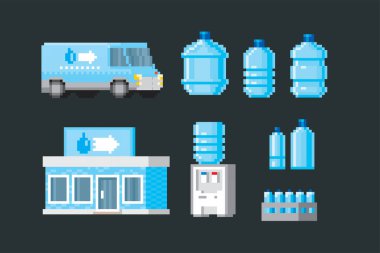 Büyük bir su dağıtım ikonu koleksiyonu. Piksel resim simgeleri ayarlandı. Çıkartma, logo, nakış ve mobil uygulama için tasarım. Video oyunu varlıkları 8-bit. Piksel sanatı.