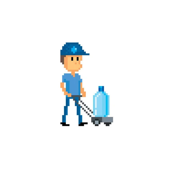 Water delivery man, courier carrying a bottle of water. Design for stickers, logo, embroidery and mobile app. Video game assets 8-bit. — Stock Vector