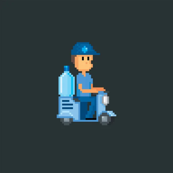 Homem da entrega da água, mensageiro carregando uma garrafa de água em um scuter. Design para adesivos, logotipo, bordado e aplicativo móvel. Ativos do jogo de vídeo 8-bit . — Vetor de Stock