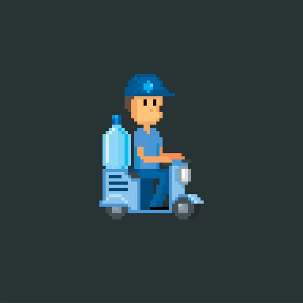 Repartidor de agua, mensajero llevando una botella de agua en un scuter. Diseño para pegatinas, logotipo, bordado y aplicación móvil. Activos de videojuegos de 8 bits . — Archivo Imágenes Vectoriales