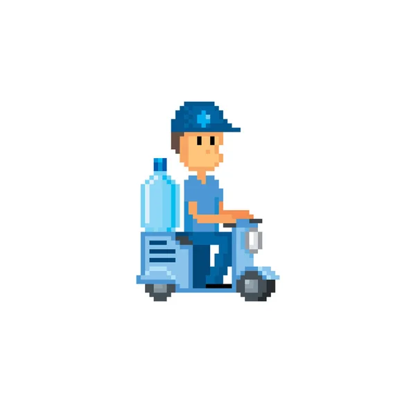 Uomo della consegna dell'acqua, corriere che porta una bottiglia d'acqua su uno scuter. Design per adesivi, logo, ricamo e app mobile. Attività di videogiochi a 8 bit . — Vettoriale Stock