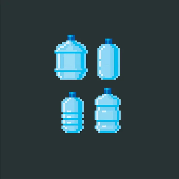 Botellas de agua de diferentes tamaños. Set de iconos. Diseño para pegatinas, logotipo, bordado y aplicación móvil. Activos de videojuegos de 8 bits. Pixel arte . — Archivo Imágenes Vectoriales