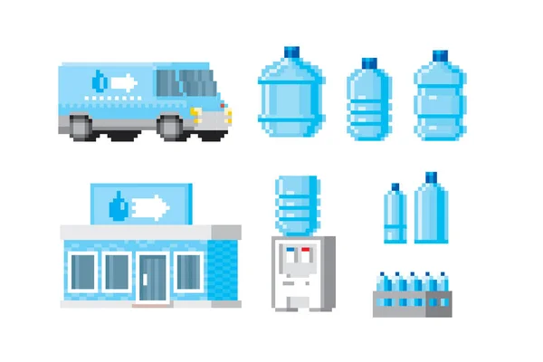 Enorme coleção de ícones de serviço de entrega de água. Conjunto de ícones de arte Pixel. Design para adesivos, logotipo, bordado e aplicativo móvel. Ativos do jogo de vídeo 8-bit. Arte Pixel . — Vetor de Stock
