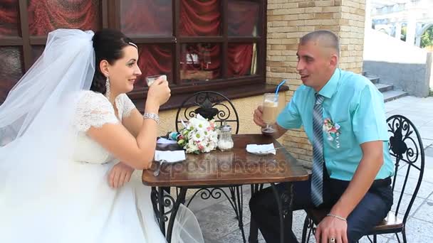 Świeżo poślubiona para pozuje do sesji zdjęciowej — Wideo stockowe