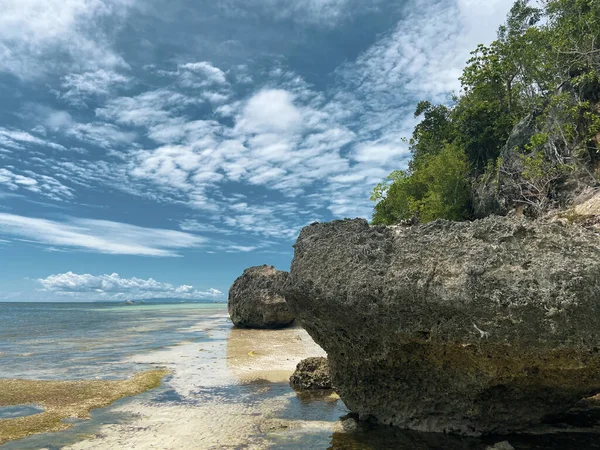 Kayalıklardaki yeşil ağaçlar. Kumsal yosunlu. Sakin deniz arka planda mavi gökyüzü gözenekli bulutlarla. Büyük taşlar..