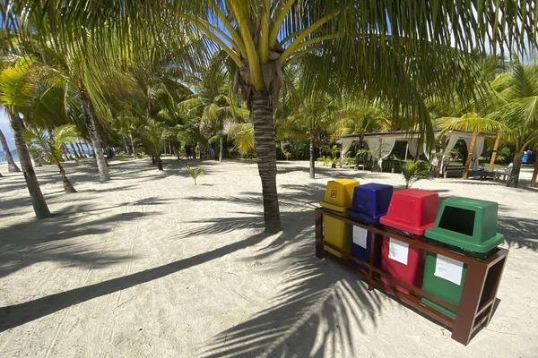 Recipientes coloridos para triagem de lixo em uma praia de areia branca em uma vista lateral da floresta de palmeiras. Ecologia, reciclagem . — Fotografia de Stock