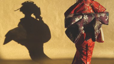 Japon geyşasının silueti. Arka planda heykelciğin gölgesi. Kukla tiyatrosu.