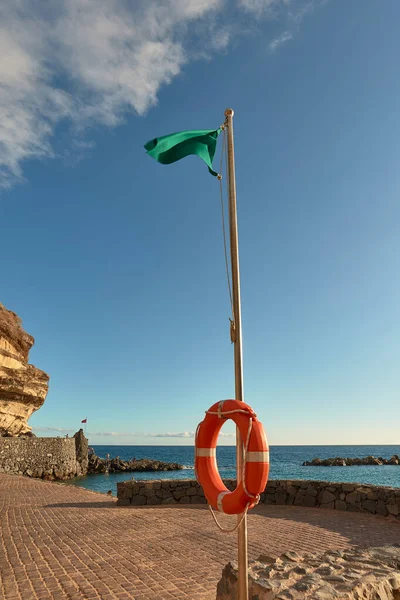 İspanya, Kanarya Adaları, Tenerife 'deki Abama Sahili' nde cankurtaran taşıyan yeşil bayrak