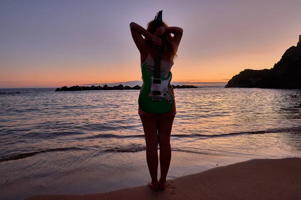 Girl Electric Guitar Beach Tenerife Canary Islands Spain — Stock Photo, Image