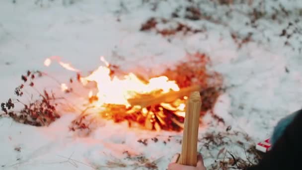 Men Hands Chop Firewood Background Fire — Stockvideo