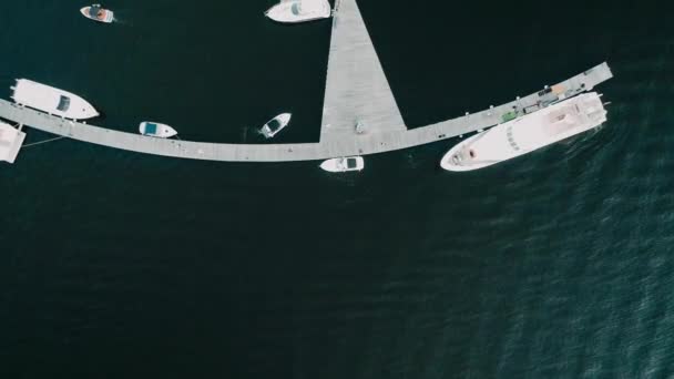 ヨットや帆船のためのバース海で朝 エアロビデオ撮影 多くのヨットやカタマランが桟橋に係留され — ストック動画
