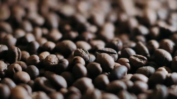 Dunkle Kaffeekörner Drehen Und Fallen Kaffeebohnen Nahaufnahme Von Kaffeesamen Schöne — Stockvideo