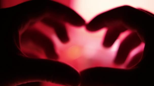 情人节的心在粉红的灯光下与双手 — 图库视频影像