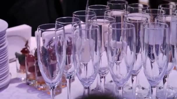 Waiter Pours Champagne Glasses Wedding — Stock Video