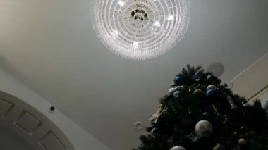 Noel ağacı. Farklı oyuncaklarla süslenmiş Noel ağacı. Giriş ve çıkış kapısının önünde yay var..