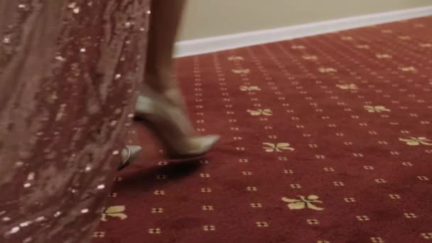 女性の足はホテルのレッドカーペットの上を歩く 女性がホテルの中を歩いて部屋へ — ストック動画