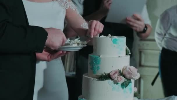 Mann Und Frau Bei Der Hochzeit Schnitten Die Hochzeitstorte Nahaufnahme — Stockvideo