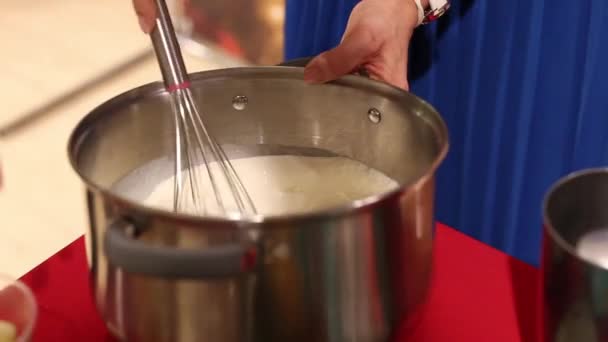 Little Girl Hands Whisk White Substance Pan Whisk — Stock Video