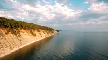 Spruce ağaç tepeleri, güneşli sonbahar gününün erken saatlerinde Kanada kıyısında kozalaklı ormanlarla kaplı dik kaya yüzeyini ortaya çıkarıyor. Okyanusun üzerinde yükselen yüksek uçurumlara bakan sahil kıyısı boyunca sürüyorlar.