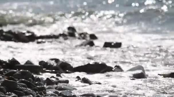 Primer Plano Tarde Mar Olas Salpicando Sobre Piedras — Vídeo de stock