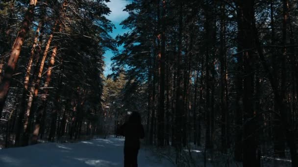 Uomo Vestito Nero Cammina Nella Foresta Invernale — Video Stock