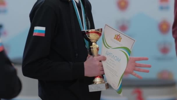 Boy Holding Cup Competition Competition Award — Stock Video