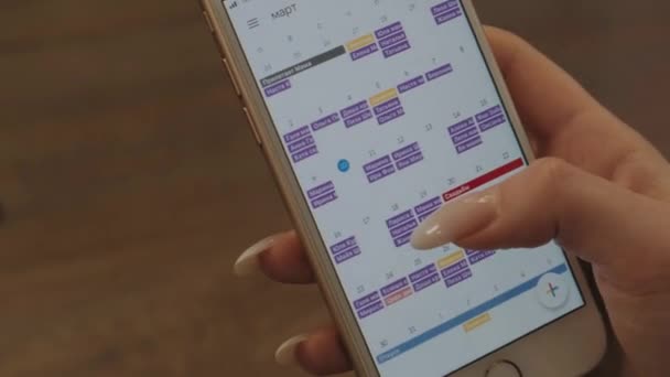 Manos Femeninas Sosteniendo Teléfono Con Horario — Vídeo de stock