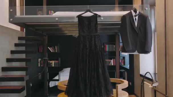 Black Women Wedding Dress Hanging Room — Stock Video