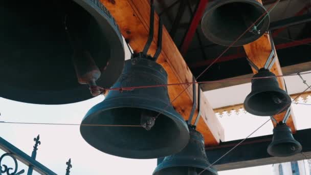 Large Church Bells Connected Together Close — Stock Video