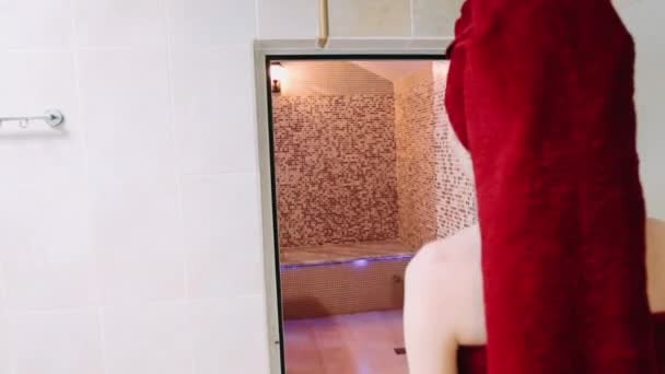 Girl Comes Hammam Dressed Red Towels — Stock Video