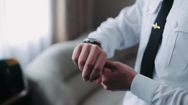 Man Hands White Shirt Straighten Cuffs Sleeves — Stock Video