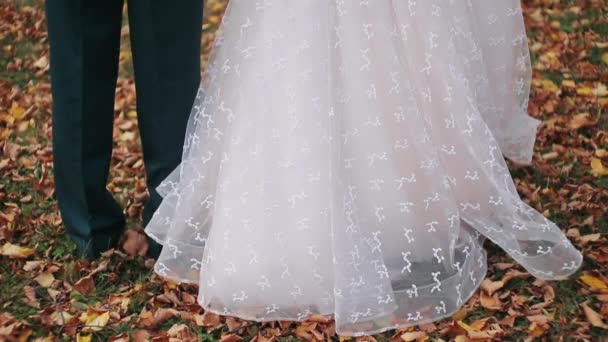 Свадебное Платье Мужские Ноги Грум Невеста Выходят Осенний День Улицу — стоковое видео