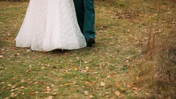 Saum Eines Brautkleides Und Männerbeine Der Bräutigam Und Die Braut — Stockvideo