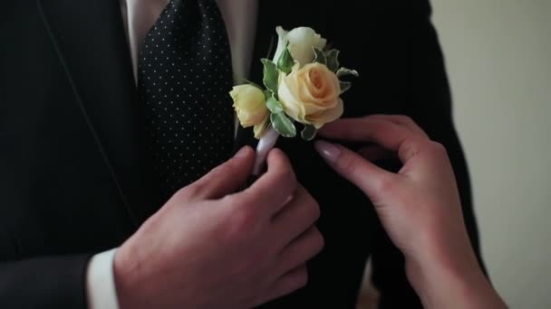 Man Jacket Hangs White Buttonhole Rose — Stock Video