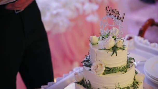Beyaz Katlı Düğün Pastası Kes Bir Düğün Pastasını Tabağa Koy — Stok video