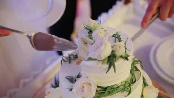 Weiße Hochzeitstorte Schneiden Und Legen Sie Eine Hochzeitstorte Auf Einen — Stockvideo