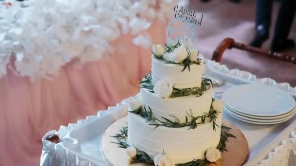 花嫁と新郎によってケーキをカット 白三層ケーキ — ストック動画