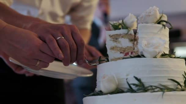 Couper Gâteau Par Les Mariés Gâteau Blanc Trois Niveaux — Video