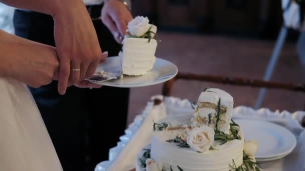 Anschneiden Des Kuchens Durch Das Brautpaar Weißer Kuchen Mit Drei — Stockvideo
