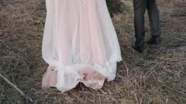 Gelinlik ve ayakkabılarla sarı çimlerin üzerinde yürüyen kadın ve erkek bacaklarının yakın çekimi.