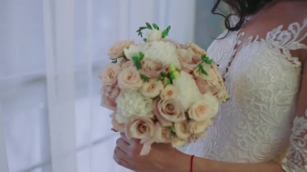 Female Hands Hold Bouquet Touch Flowers Close — Stock Video