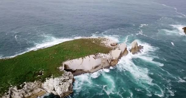 Légi kilátás a zöld sziklás szigetre a kék óceánon. A sivatagi szigetet hullámok mossák. — Stock videók