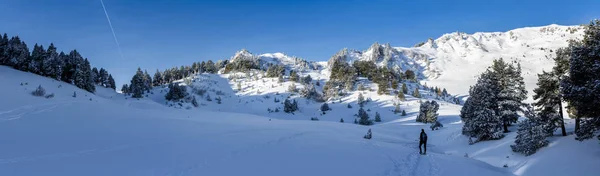 woman snow shoeing in front of snowy winter mountain panorama