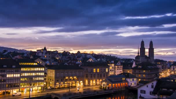 Timelapse Soluppgång Över Zürich Stad Switzerland Centrum Zurich Orange Soluppgång — Stockvideo